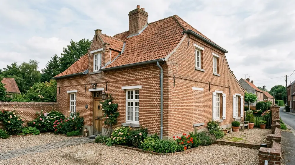 Illustration d’une maison flamande en brique rouge et toiture en tuiles