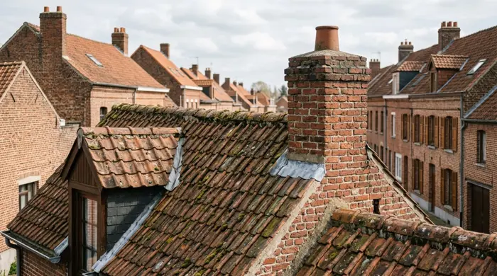 Mousses sur une toiture en tuiles d’une maison flamande — illustration