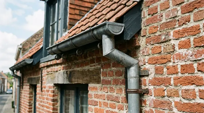 Gouttière et descente en zinc sur une façade en brique — illustration
