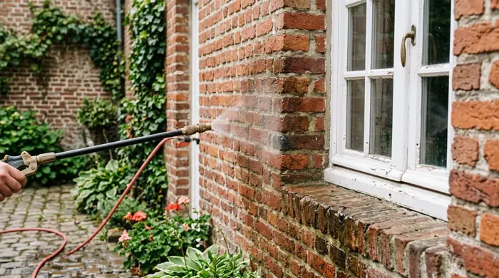 Pulvérisation sur une façade en brique rouge — illustration