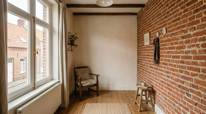 Séjour aux murs peints et briques apparentes d’une maison du Nord — illustration