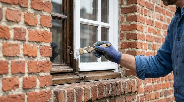 Mise en peinture d’une fenêtre sur une façade en brique — illustration